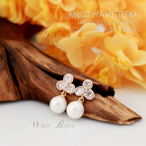 ▒14K GOLD▒ Cubic Flower Pearl Earrings